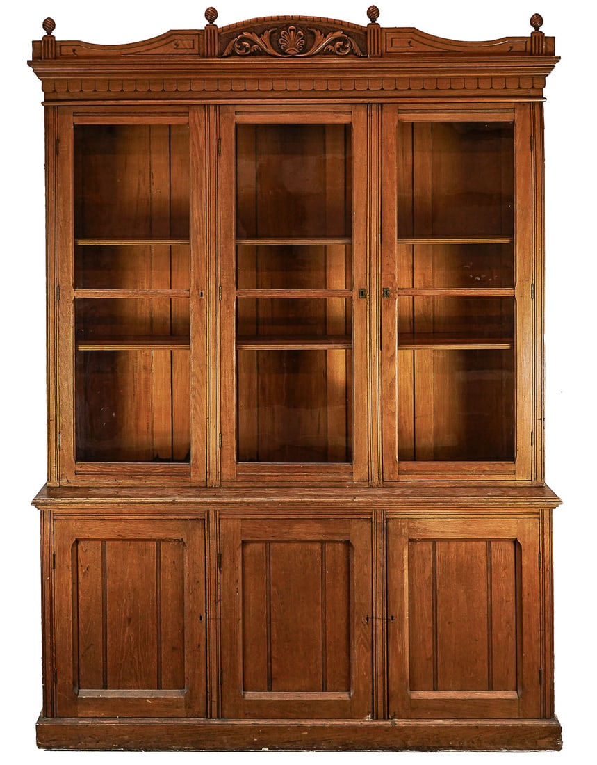 Oak Victorian Breakfront: Oak Victorian Breakfront/Bookcase with carved foliate decorations , minor damage to one interior wall, - from Northfield Train Depot/ Merchants Bank- 106 x 78 x 13"