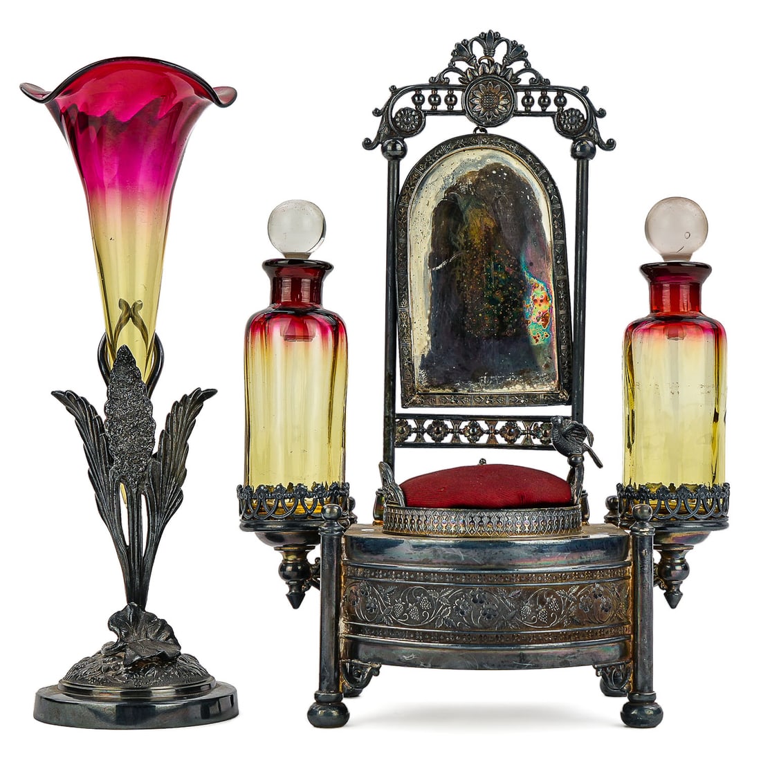 Amberina Cologne Bottle Set, Vase in Stand: James W. Tufts Boston, Mass. Boston, Mass quadruple silver plated dresser box with mirror, pin cushion and pair of Amberina cologne bottles, accompanied by a an Amberina trumpet vase in Rogers, Smith 