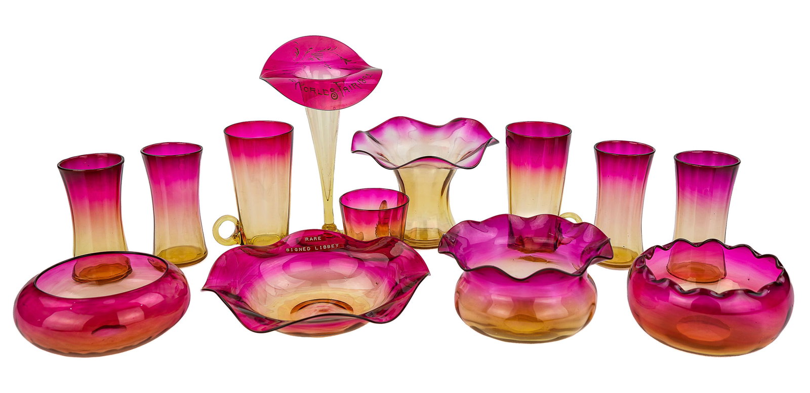 Libbey Type Amberina Glass Vases and Tableware: Collection of Libbey type deep magenta tone Amberina art glass including signed low ruffled bowl and small bouquet vase, 1893 Chicago World's Fair trumpet vase, 6 tumblers, 3 other low bowls, mug, ht.