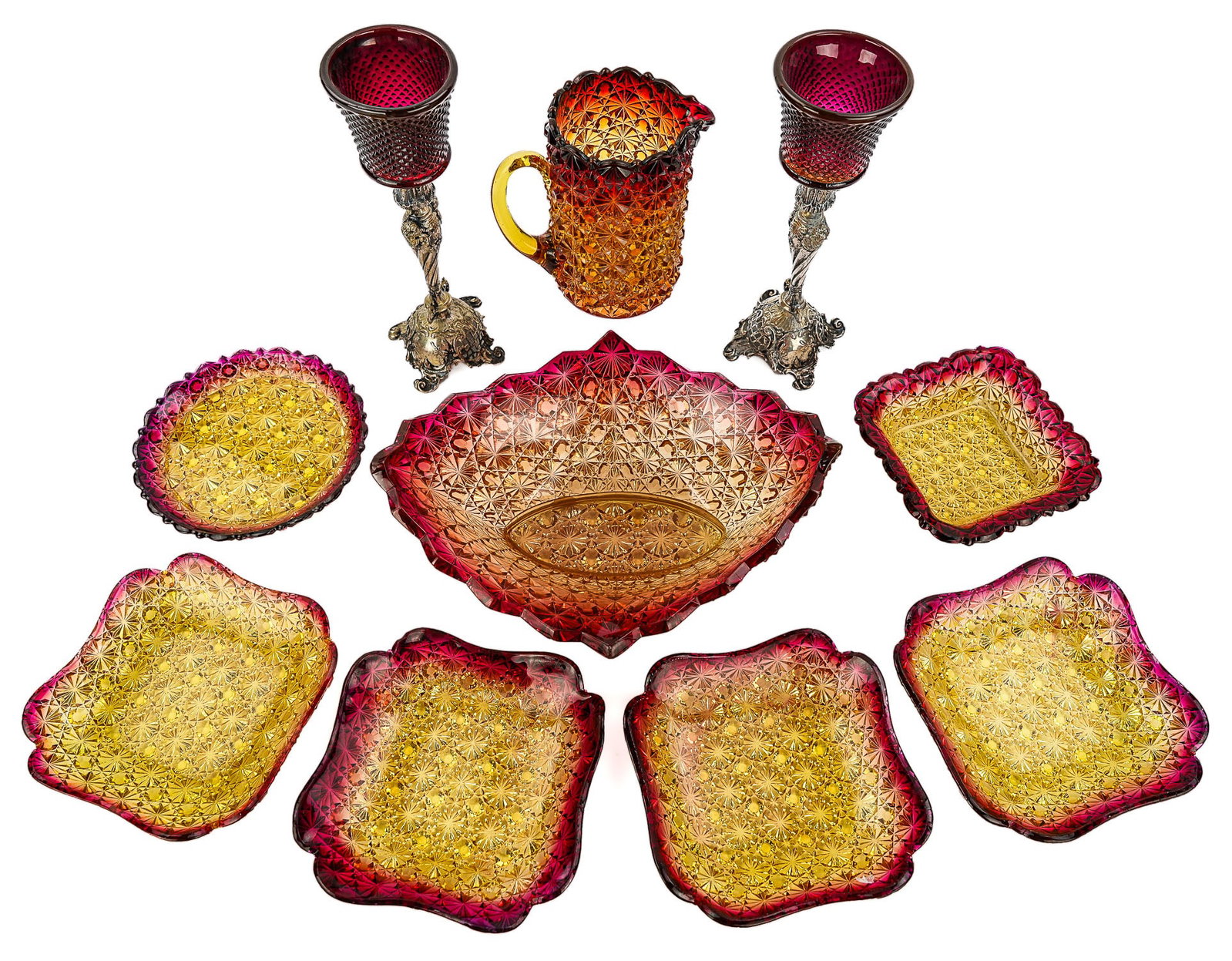 Daisy and Button Amberina Pattern Glass: Collection of Victorian Amberina Hobbs 'Daisy and Button' pressed pattern glass tableware including oblong centerpiece bowl, pitcher, square dish and 3 square scalloped side plates, and round plate, a