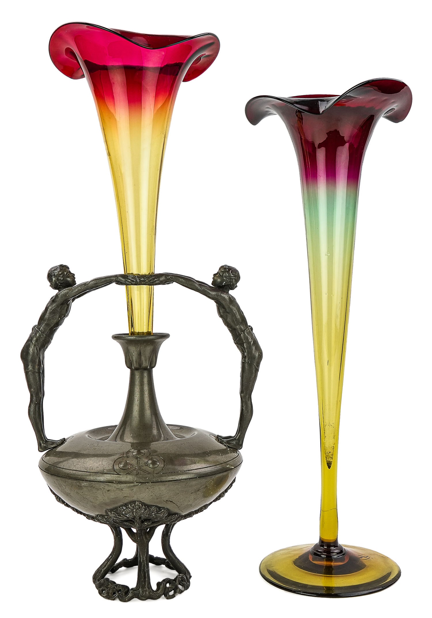 Two Amberina Art Glass Trumpet Vases: Two oversized Amberina art glass trumpet vases, one on footed base, one fitted for a pewter female figural Art Nouveau/Jugendstihl style epergne base ht. 18", 20"