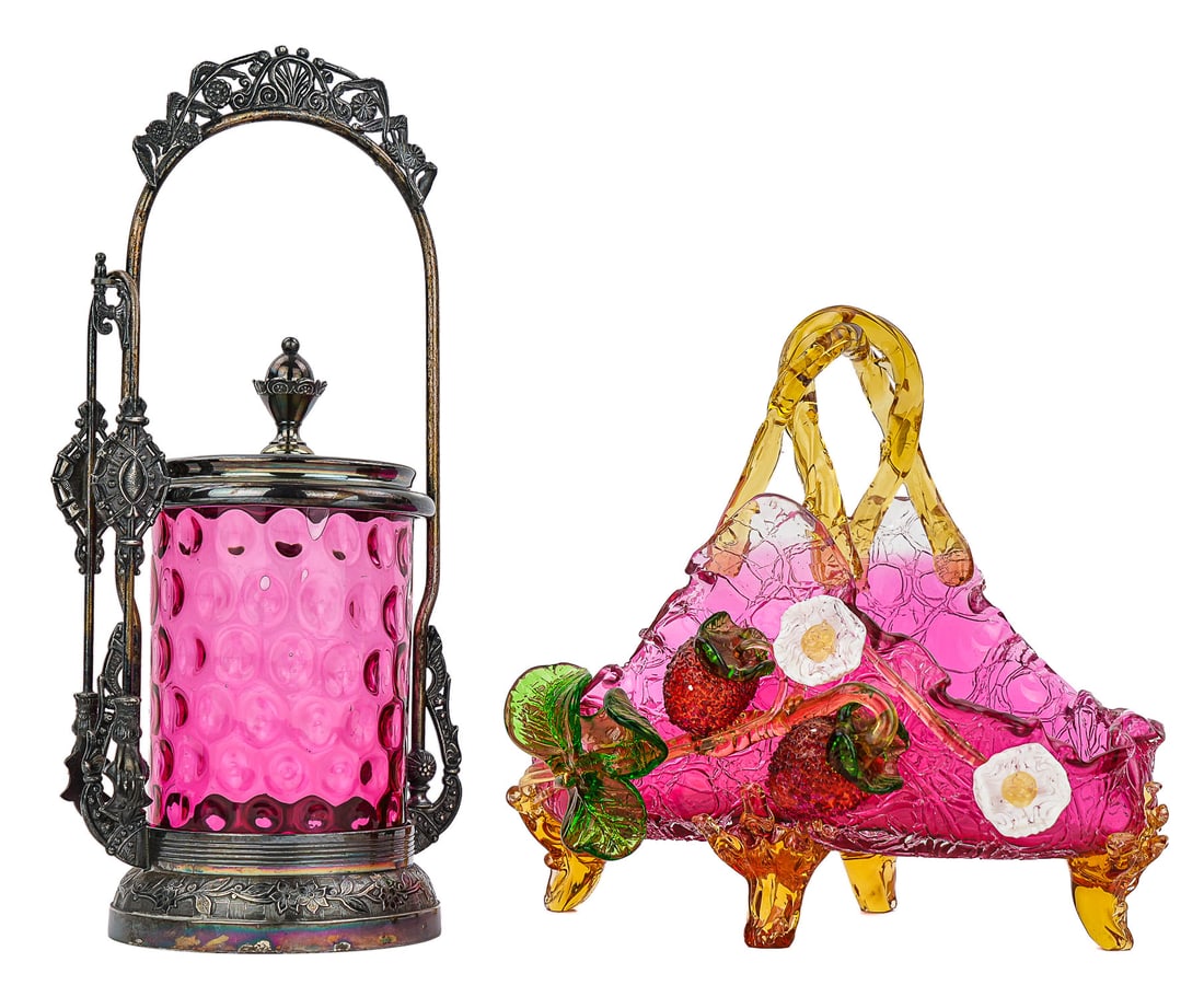 Victorian Cranberry Glass Pickle Castor and Bowl: Victorian cranberry glass coin spot optic pickle castor in Rogers & Bro. Triple Silver Plated frame with whimsical figural human hand form tongs, accompanied by a cranberry crackle finish handled ambe