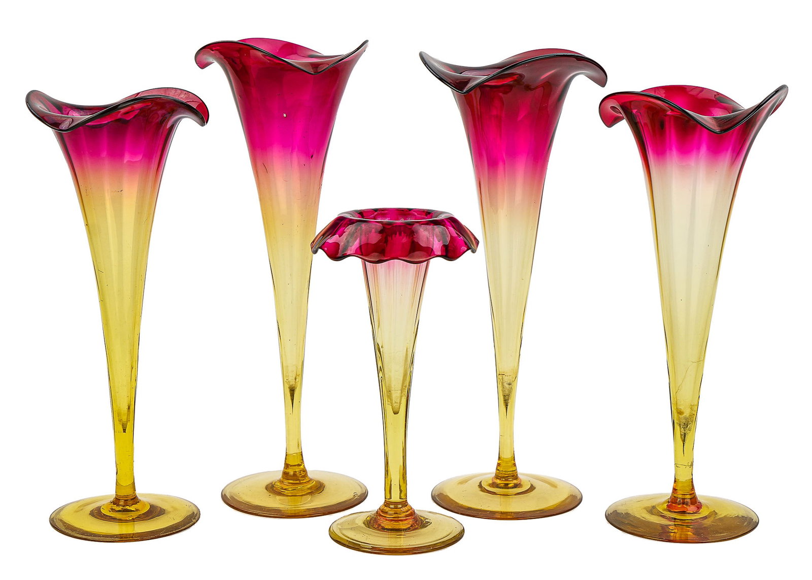 5 Victorian Amberina Glass Trumpet Vases: Group of 5 Victorian Amberina Libbey-type magenta to vaseline art glass footed trumpet vases 7"-10"