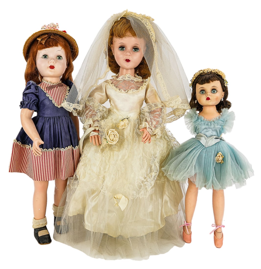 Three 1950's Hard Plastic Dolls: Three 1950's hard plastic dolls, including 1957 Madame Alexander "Elise", Effanbee "Honey Walker", American Character "Sweet Sue", hts from 16" to 19"