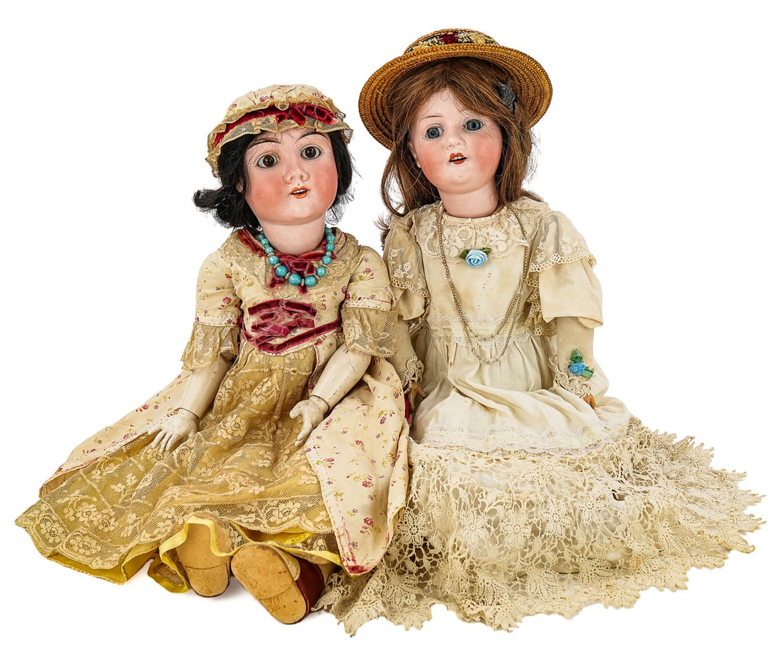 Max Handerck, Heubach German Bisque Dolls: Two German bisque dolls- 23" Max Handwerck 3X socket head bisque doll, set eyes, open mouth with teeth, jointed composition body, ht 23", sold with a Heubach Koppelsdorf #250 socket head bisque doll,