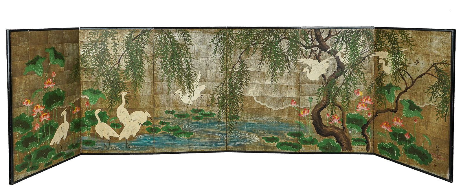 Robert Crowder (AM 1910-2010) Six Paneled Screen: Robert Crowder(American 1910-2010) Chinese style painted screen with cranes, each panel 42 x 24" signed Robert Crowder lower right with Kanji signature perpendicular-