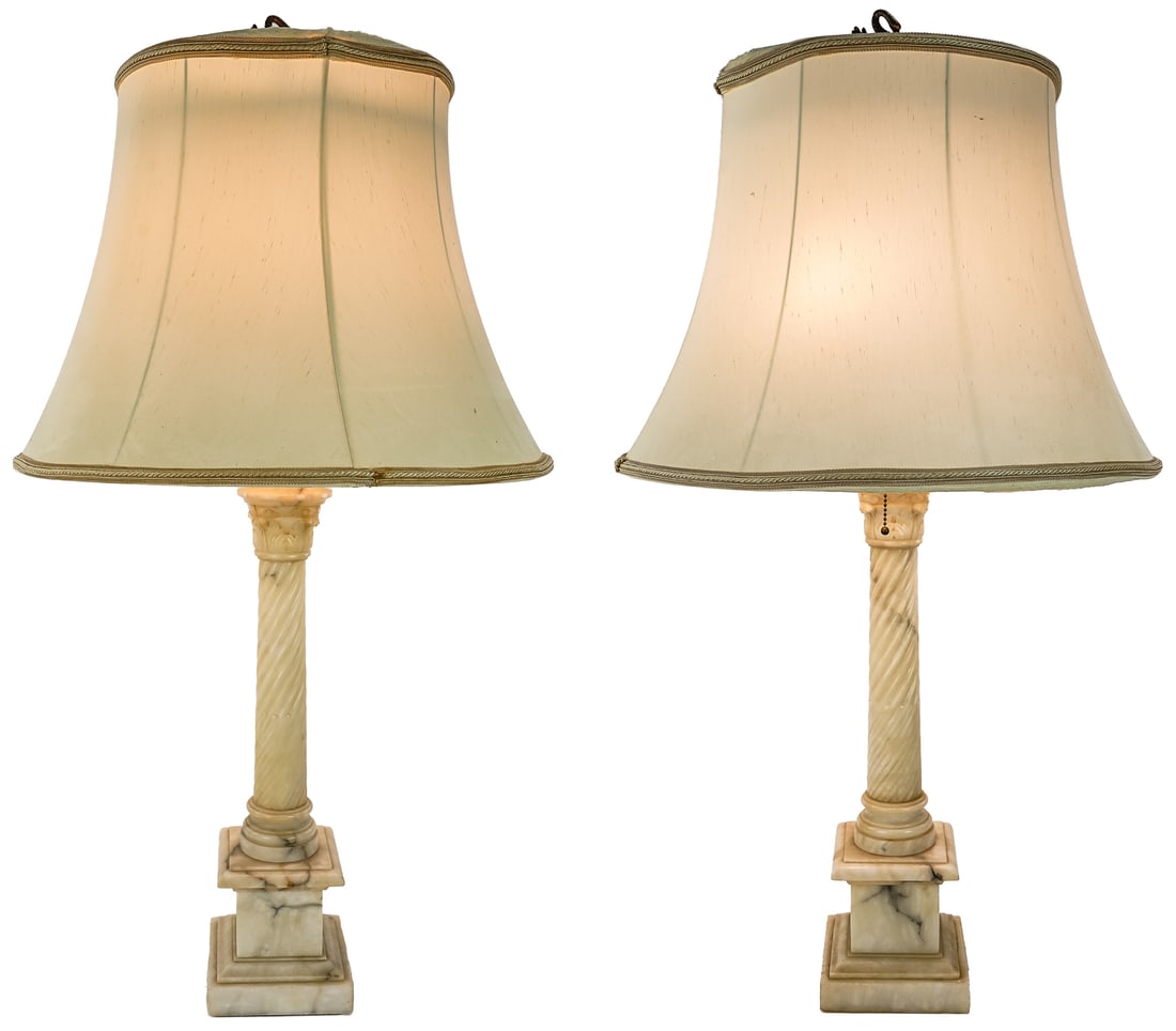 Pair of Alabaster Corinthian Column Lamps: Pair of Alabaster Corinthian Column table lamps, with fluted decoration, and there light diffuser, 33 x 6 x 6"