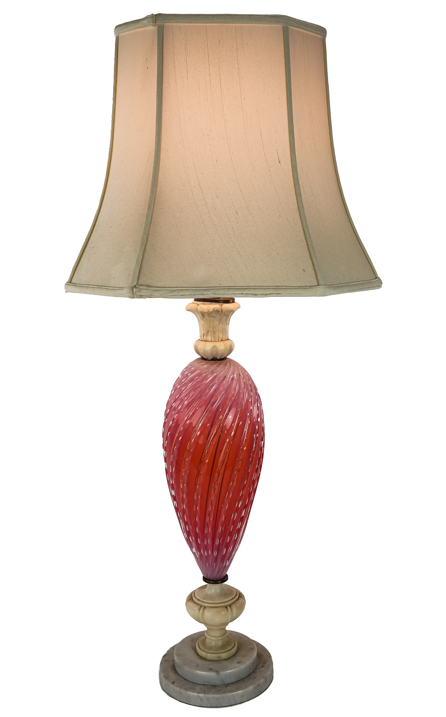 Mid Century table Lamp with Venetian Glass Column: Mid Century table lamp with alabaster base, and Venetian Glass Column with swirl and Bollicante decoration 43" high 8" diameter