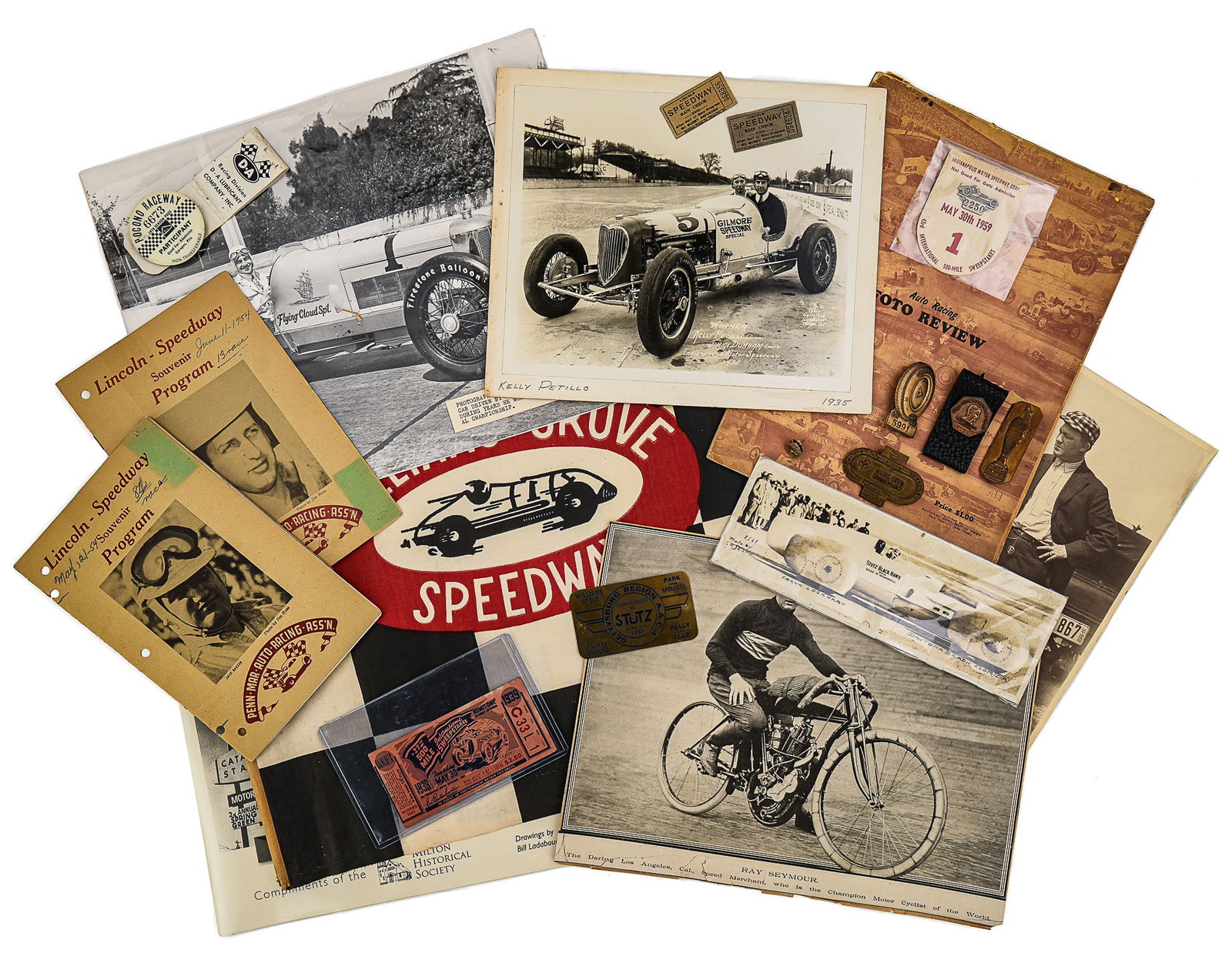 Automobile Racing Badges, Photos, Ephemera: Automobile racing badges, photos, and ephemera, including 1959 Indianapolis bronze pit badge pin, 1961 Daytona bronze pin, etc