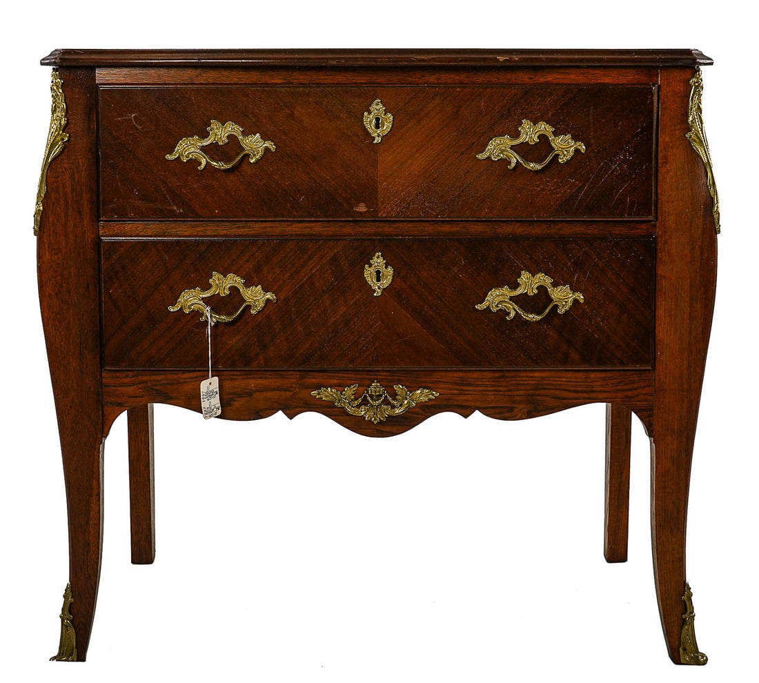 Baker Furniture- Ormolu Mounted Dressing Table: Baker Furniture- Louis Style Mahogany with veneer two drawer ormolu mounted two drawer dressing table or commode . 30 x 32 x 16"