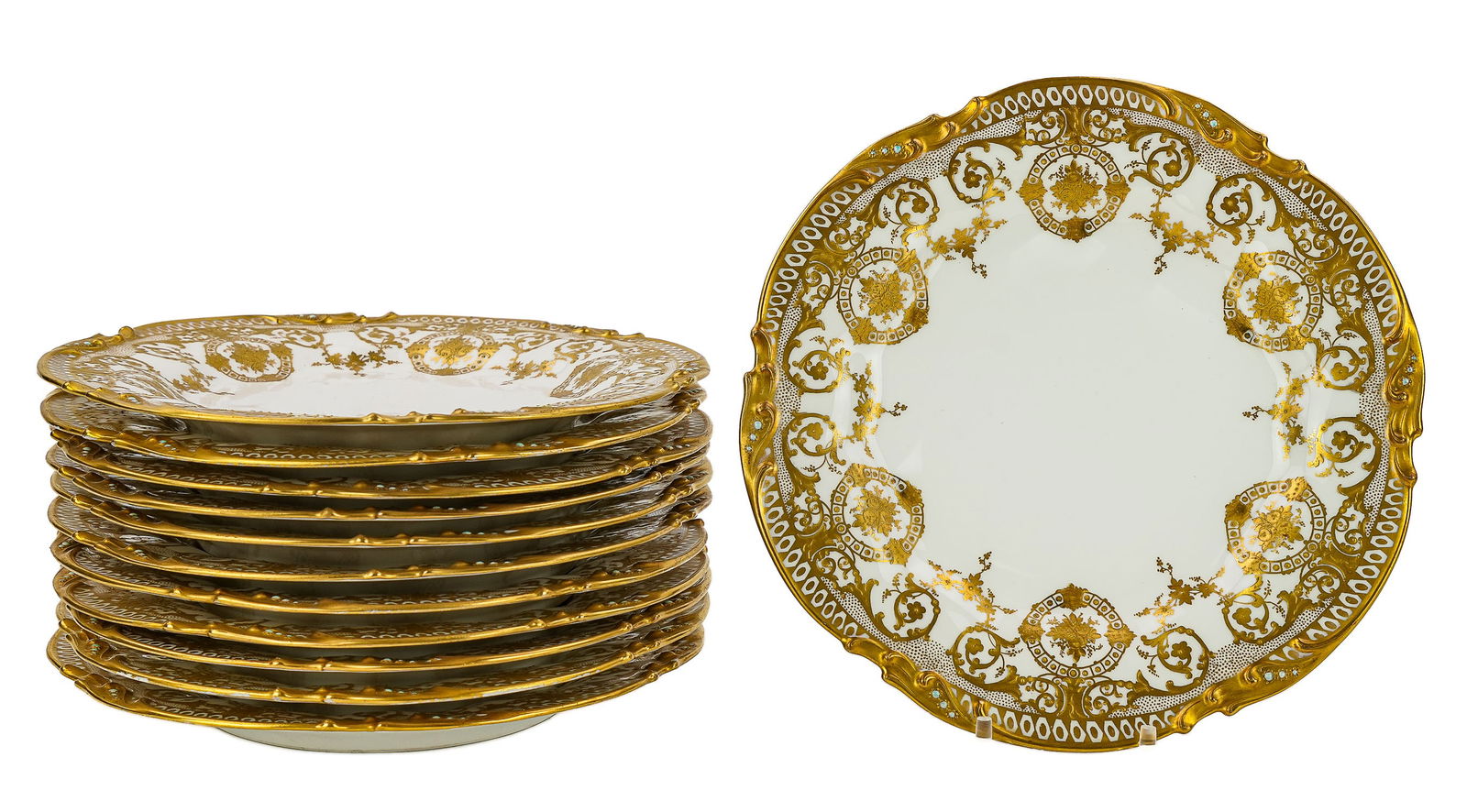 12 Jean Pouyat Limoges Gold Encrusted Plates: Set of 12 fine Jean Pouyat Limoges porcelain dinner plates with gold encrusted raised gilt enamel borders, scalloped borders, floral cartouches, and turquoise beaded elements, retailed by John Wanamak
