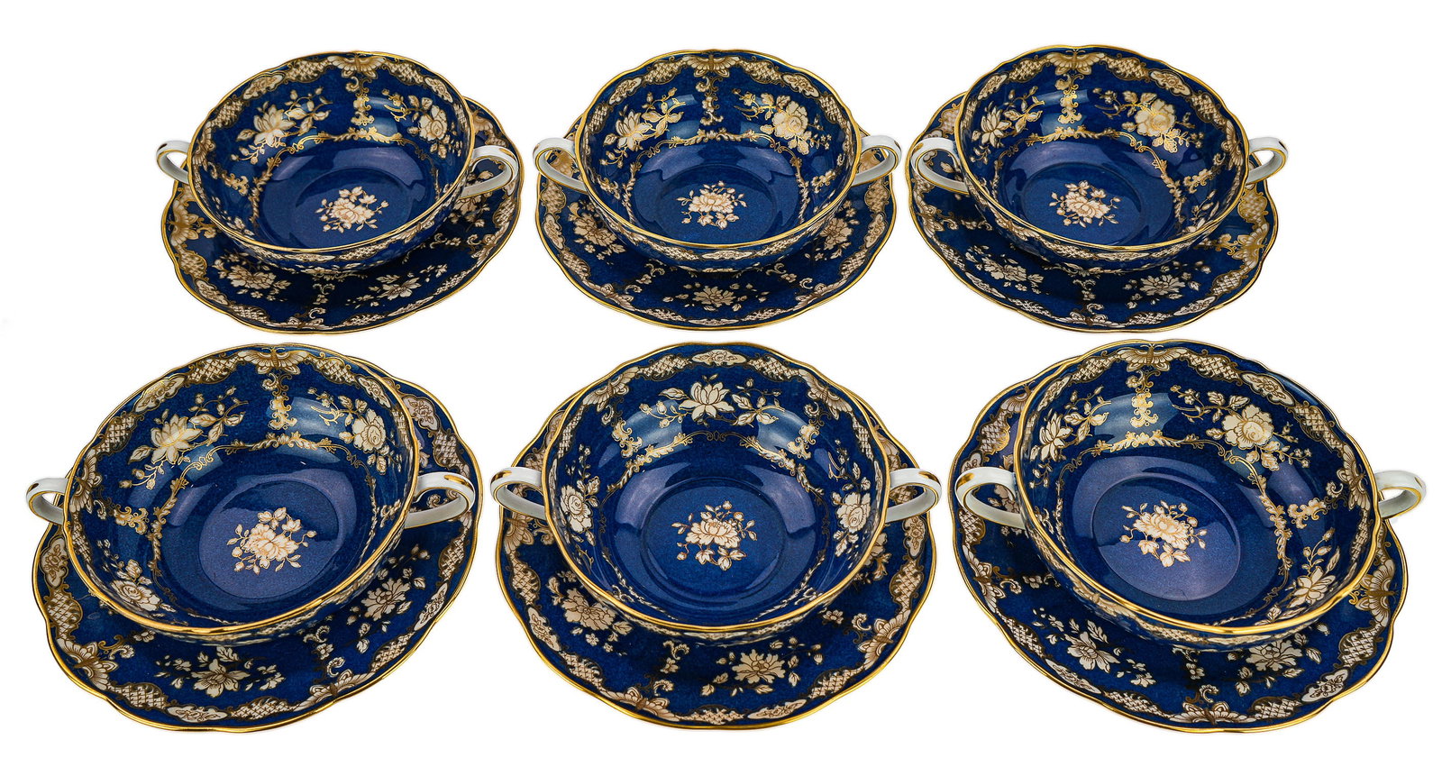 6 Spode Tiffany and Co. Bouillon Soup Bowls: Set of 6 Spode fine English bone china double handled bouillon or consomme soup bowls with matching saucers, having dark blue transfer decoration, retailed by Tiffany and Co. NYC 7" dia.