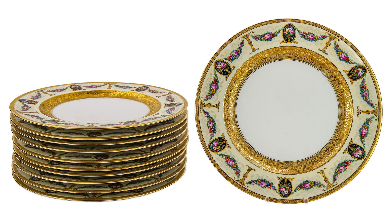 11 Black Knight Bavaria Gilt Dinner Plates: Set of 11 "Black Knight" Bavarian porcelain dinner plates having fine neoclassical festoon floral and gilt engraved border, some wear to gilding 11"