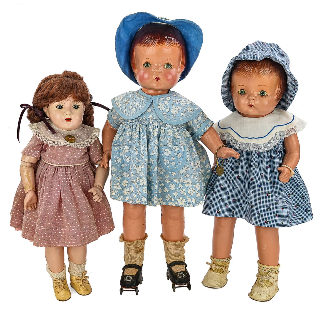 1930's Vintage Effanbee Composition Dolls: 1930's Vintage Effanbee composition dolls (3 pcs), including two 16" Patsy composition dolls (1 flaking), sold with an early composition socket head doll with ball jointed wooden body