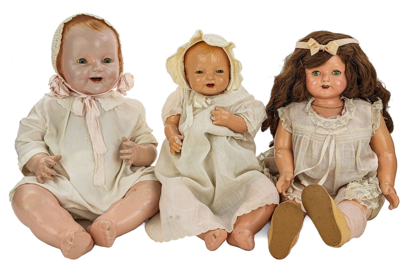1930's Vintage Composition Baby Dolls: 1930's vintage composition baby dolls (3 pcs) including 24" Effanbee Rosemary, 1924 Effanbee 18" composition & cloth infant, 21" ACME composition & cloth infant
