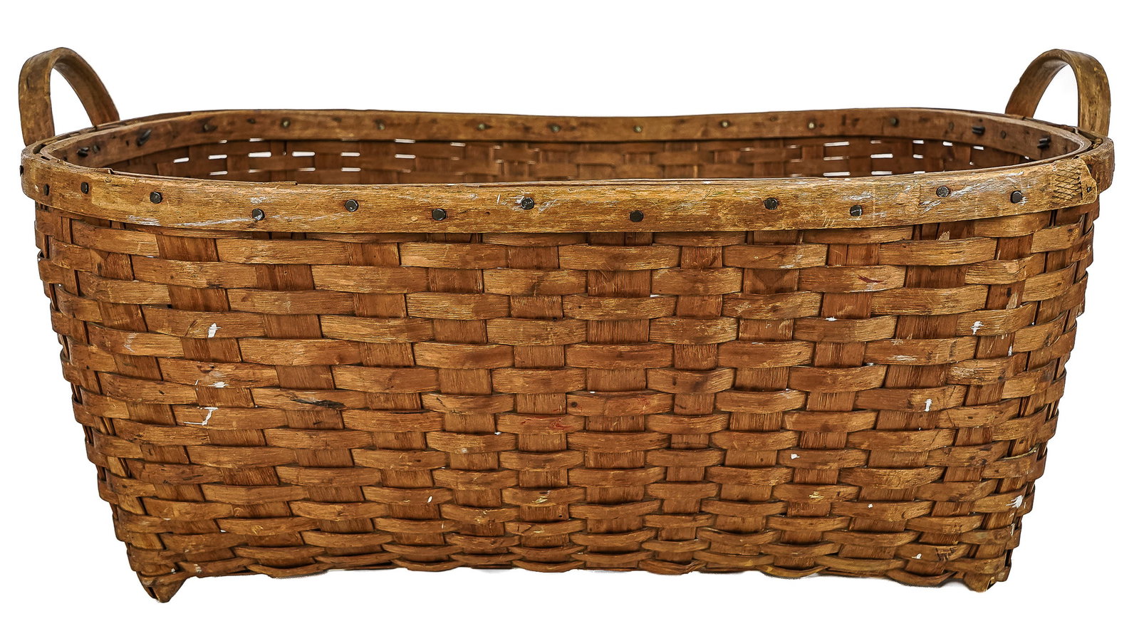 Sweetser Vermont Gathering Basket: Large two handle split ash gathering basket attributed to the Sweetser family of Stowe and Waterbury VT. 28" long, 11" h. In overall good condition.