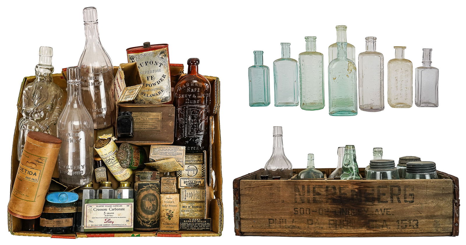 Group of Bottles and advertising: Group of Bottles and advertising items- Dupont Gunpowder flask; Moses Figural whiskey bottle; Vermont Medicinal bottles including, ZB Hopkins Brandon VT, Dr. Baxter's Mandrake Bitters, I.N. Thorn Brat