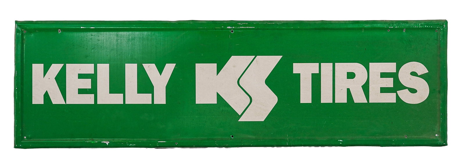 Kelly Springfield Tires Embossed Metal Sign: Kelly Springfield Tires embossed metal sign, small minor dents, overall very good condition,18" x 59 1/2"
