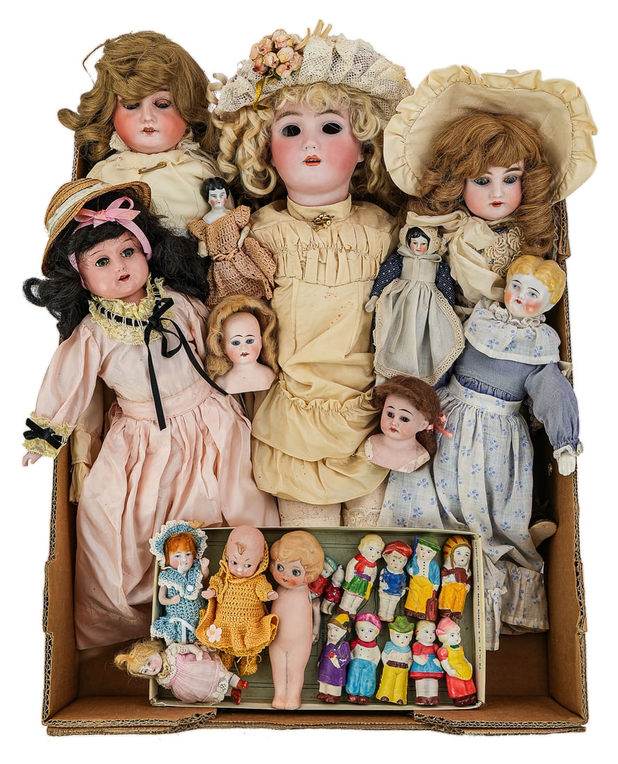 Bisque, All Bisque Dolls: Bisque & All Bisque dolls (24 pcs), including bisque socket & shoulder head dolls, Kestner 154, two small German All-Bisque dolls, etc