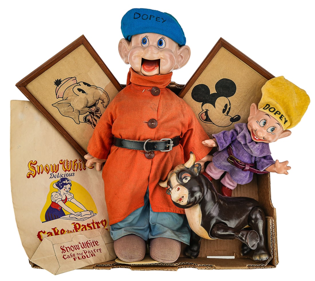 Vintage Composition Disney Characters: Vintage composition Disney characters- 1940 Ideal Ferdinand the Bull, Dopey ventriloquist dummy, etc, sold with two pen & ink cartoon pictures signed "Van Heely with apologies to Walt Disney"