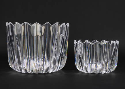 Two Orrefors Crown Crystal Bowls: Two Sven Palmqvist for Orrefors "Crown" form Swedish modern crystal art glass serving or centerpiece bowls ht, 5"-7"