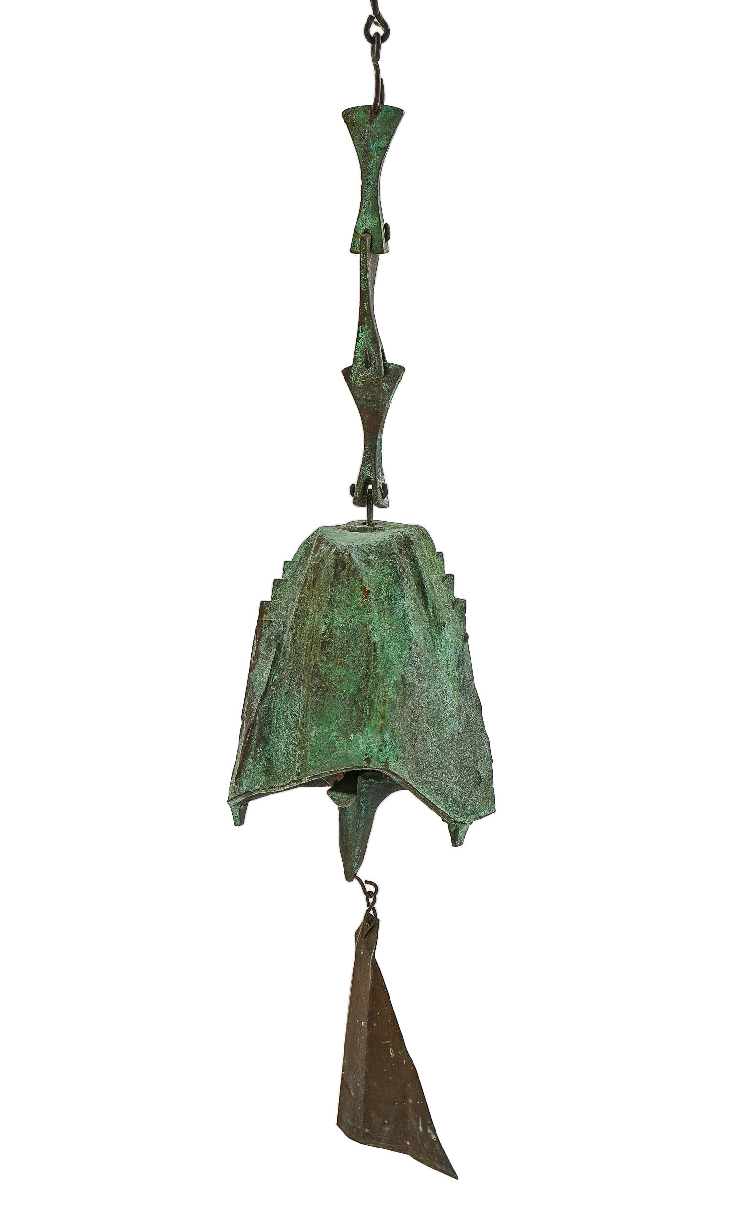 Paolo Soleri for Cosanti Bronze Windbell: Paolo Soleri for Cosanti bronze windbell, ht 7", with chain and clapper, overall length 42"