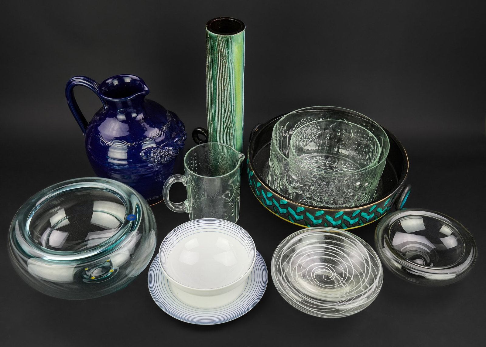 Contemporary Glass and Pottery Tableware: Group of contemporary glass and pottery tableware including Holmegaard smokey bowl, Royal Copenhagen bowl, white swirled double-walled bowl, 4 pcs Oiva Toikka for Nuutajärvi Finland embossed embossed