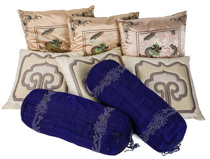 Designer & Chinese Silk Pillows: A group of 8 pillows including 3 designer pillows by Jim Thompson, 3 Chinese silk pillows, 2 bolsters.