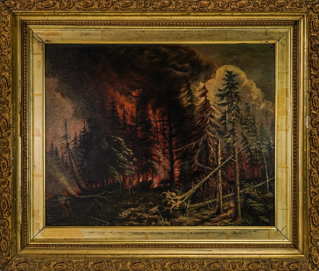 Oil on board of Forest Fire signed M Moore (1 of 4)