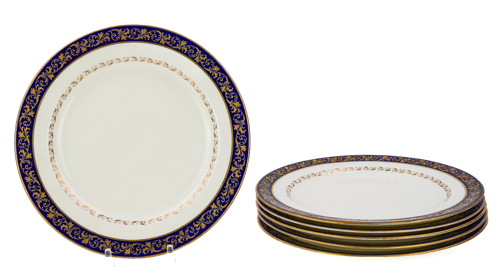 6 Cauldon for Tiffany and Co. Cobalt Plates: Set of 6 Cauldon for Tiffany and Co. New York English bone china luncheon or dessert plates with cobalt banded rims with fine gilt applied scrolling motif decoration dia. 8.75" -some wear to rim gildi