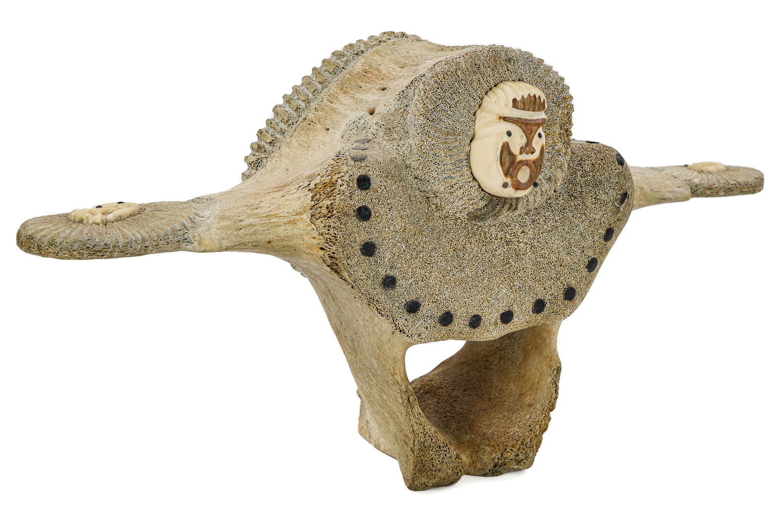 WeYanna Vertebrae Dance With Mask Carving: 20th c - Northwest Alaska native art carving of vertebrae & bone titled "Vertebrae Dance with Mask" by John WeYanna -Inupiaq, ex. Stonington Gallery Seattle, Washington. 21" long x 11" h. Signed JKW S
