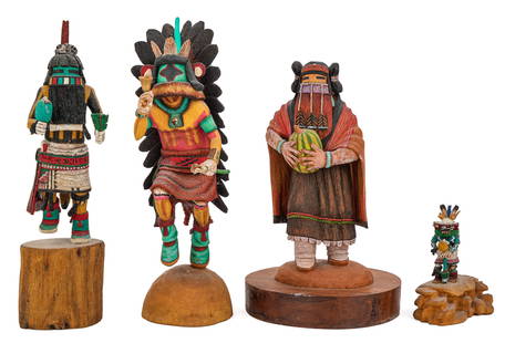 4 Kachina Figures: A group of 4 Kachina wood carved and painted dancing Hopi figures. Yellow Corn Maiden by Richard Gorman - Coyote Clan. Star Chaser by Rick James. Long Hair by Anthony Brichey (hand repairs). And the s