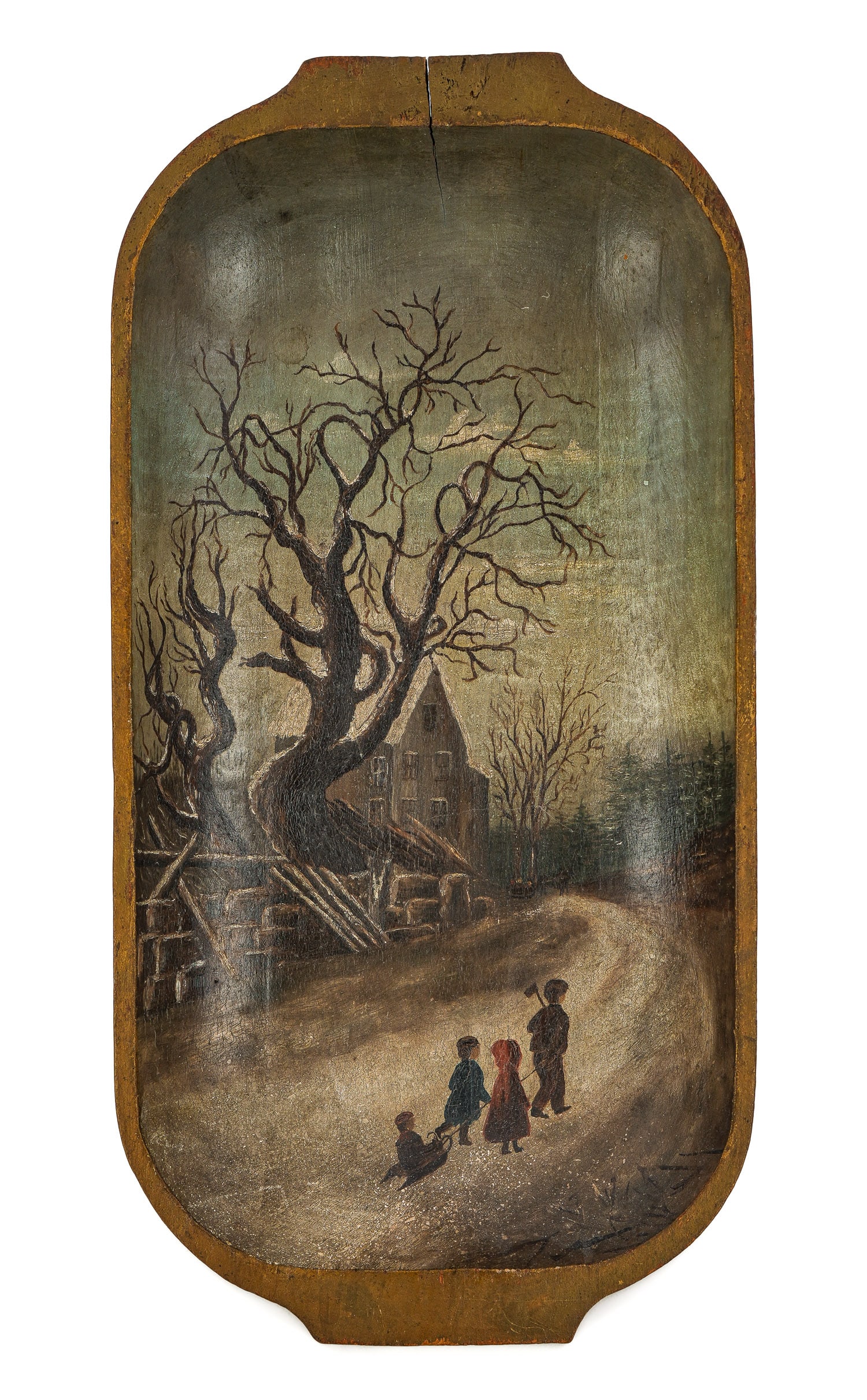 19th c Wooden Trencher w Painted Winter Scene (1 of 5)