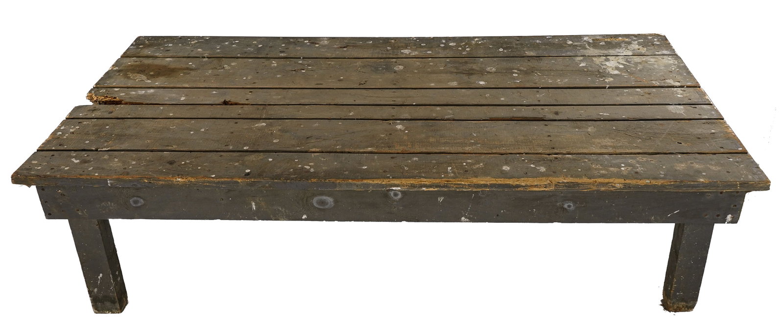 Shelburne Farms Farm Table in Old Grey Paint: 7'4" farm table in old grey paint from Shelburne Farms, Shelburne, Vermont. 42" wide, 25" h. Worn, stained, work table.