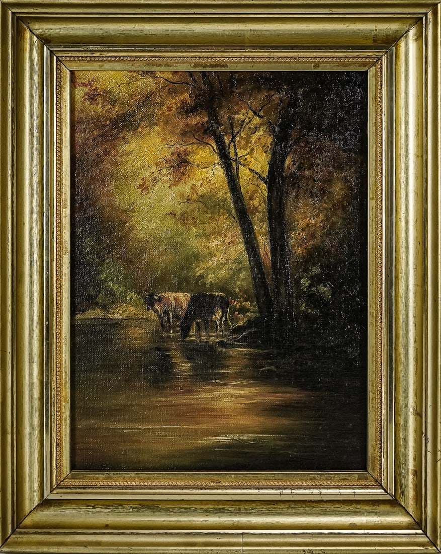 Ca. 1890 Pastoral Oil on Canvas: American ca. 1890 oil on canvas of two cows in river. Well executed, in period lemon gold frame, image 9" x 12". Frame 12" x 15". Good condition.