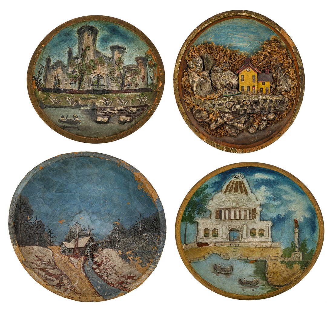 Late 19th c Wooden Bowls with Painted scenes (1 of 7)