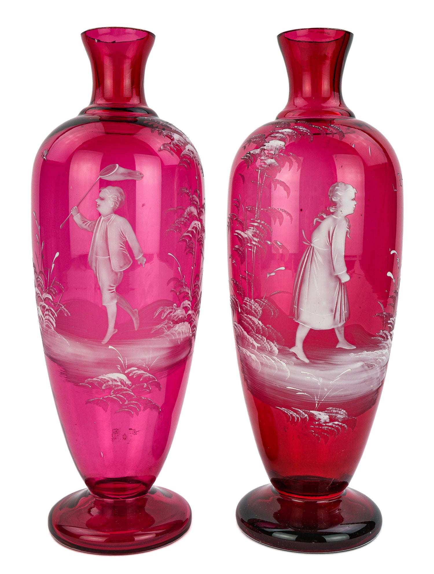 Pair of Mary Gregory Handpainted Cranberry Vases (1 of 5)