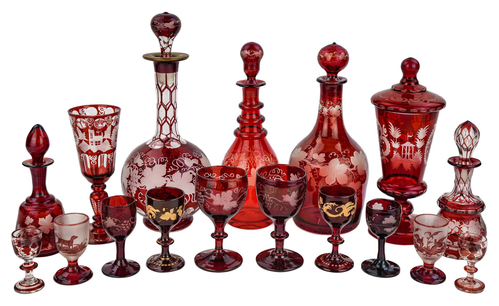 41 pcs. Ruby Bohemian Cut To Clear Glassware (1 of 8)