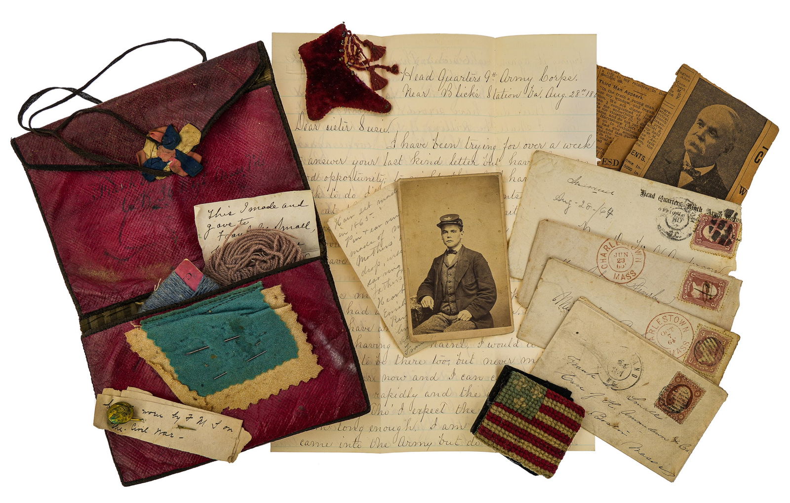 Frank M Small CW Photo, Letters, Work Case: Frank W Small (1842-1900's Co B, 36th Mass Volunteers, General Burnside's chief clerk), including mention of action at Blue Springs, the folding work case with note was made by his fiancee Julia Pever