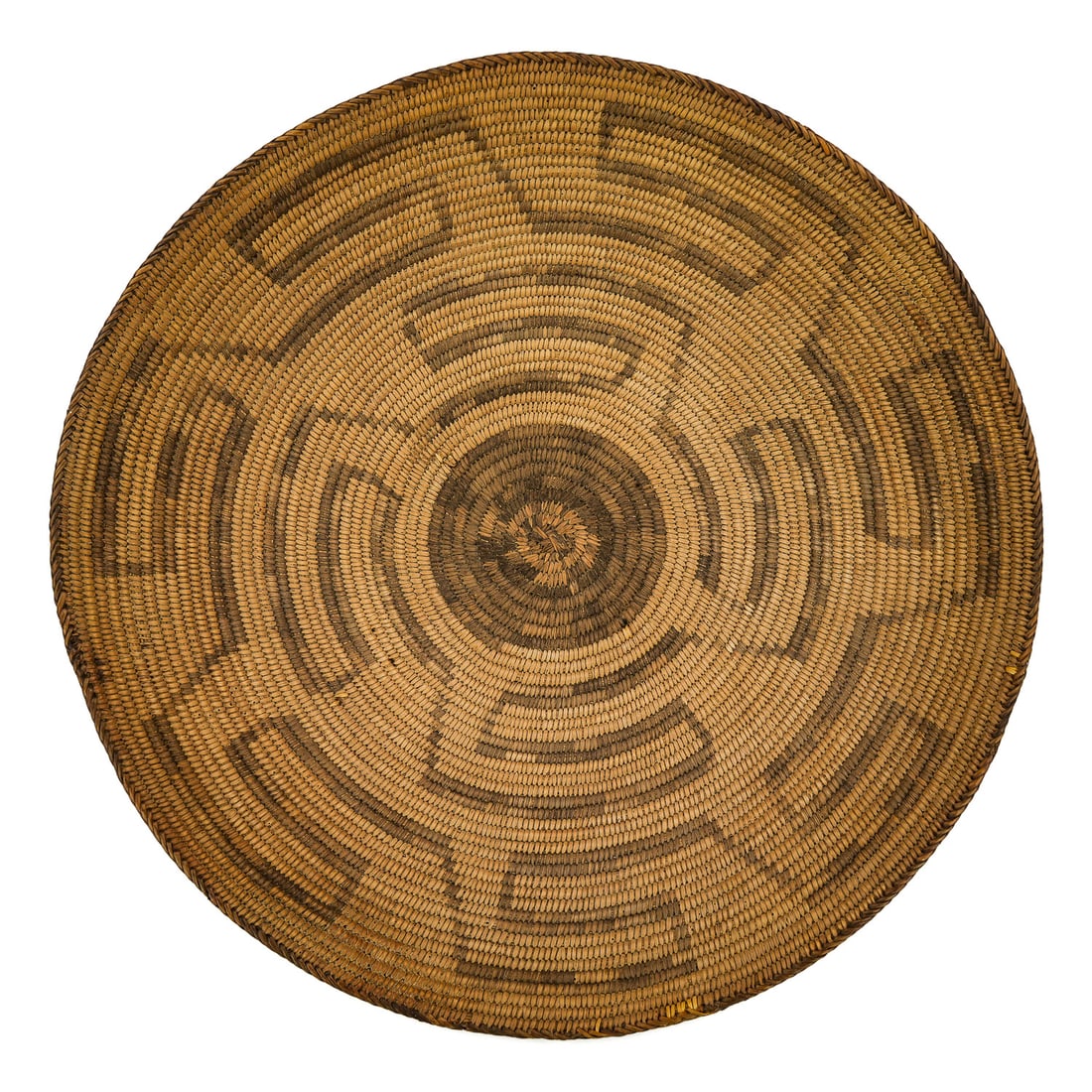 Early 20th c Pima Coiled basket: Early 20th c Pima coiled basket, geometric design, dia 19"
