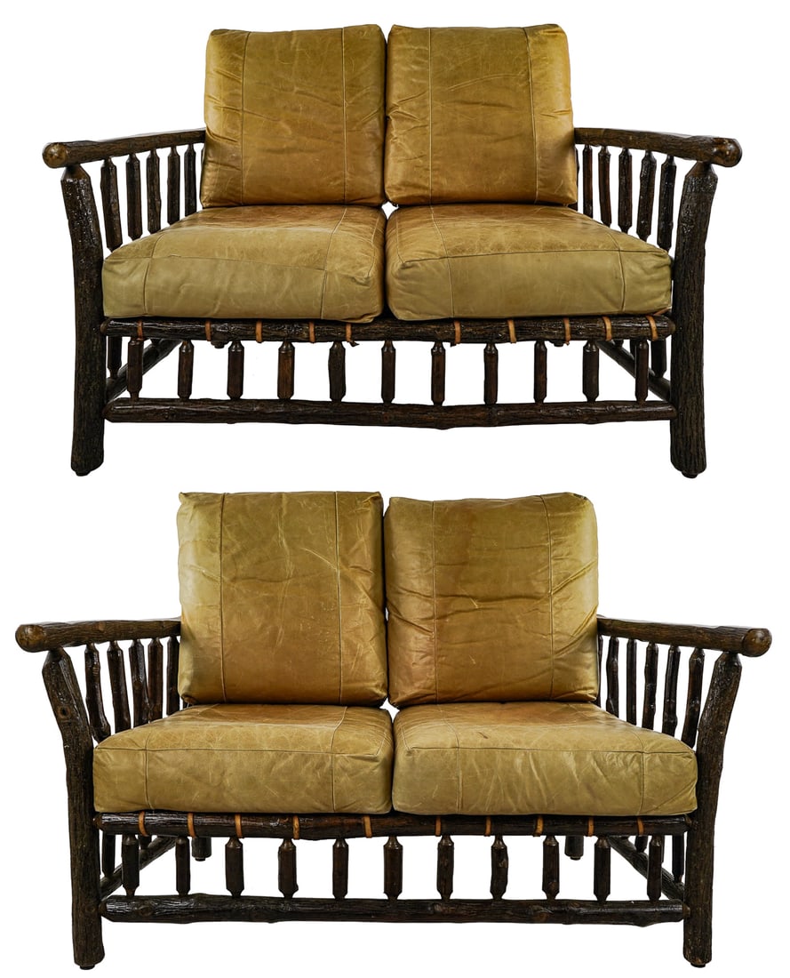 Pair of Old Hickory Adirondack Style Twig Settees: Pair of Old Hickory- Shelbyville Indiana - Settees, with leather cushions, (some fading,) with brass label on lower stretcher 36 x 44 x 36" each