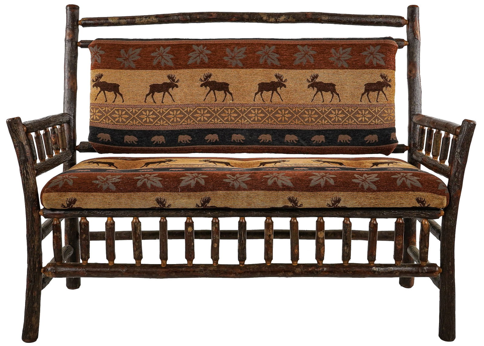 Owl's Head Rustic Furniture Twig Settee: Owl's Head Mountain Rustic Furniture Keene, NY Twig "Old Hickory" style Settee with moose decorated upholstery 40 x 49 x 24"