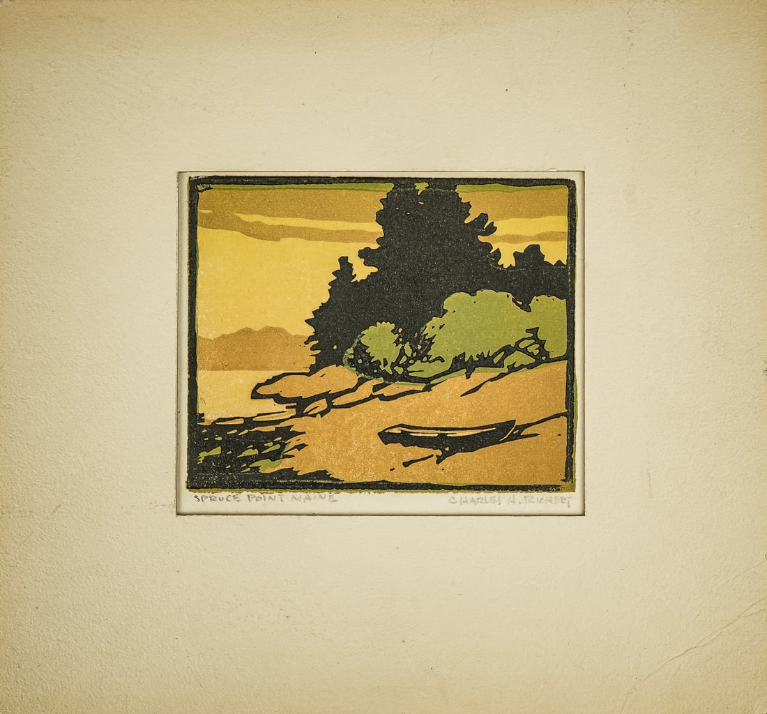 Charles H Richert (AM 1880-1974) Spruce Point Maine: Charles H. Richert (American 1880-1974) Spruce Point Maine Woodblock in colors signed and identified lower margin plate 4 x 5" sheet 5.5 x 6.5"