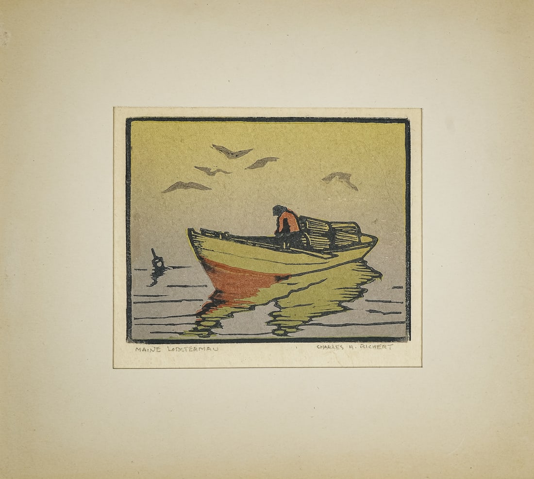 Charles H Richert (AM 1880-1974) Maine Lobsterman: Charles H. Richert (American 1880-1974) Maine Lobstermen Woodblock in colors signed and identified lower margin plate 4 x 5" sheet 5.5 x 6.5"