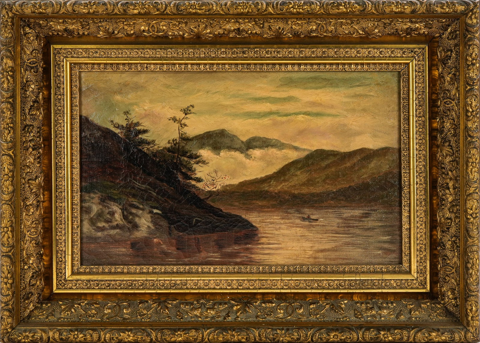 Harrison Bird Brown (AM 1831-1915) The Gathering Storm (Second of Two): Harrison Bird Brown (American 1831-1915) Lake George New York landscape identified "The Gathering Storm Lake George 1887 H Brown" small patch repair. Oil on canvas 10 x 15" 15 x 20" as framed.