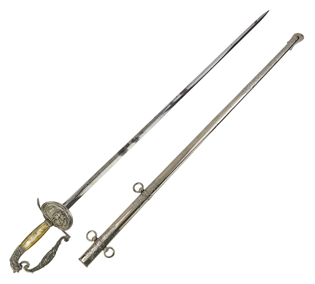 Late 19th c Continental Officer's Sword: Late 19th c Contiental Officers sword with neoclassical motif, odxiation to blade, and silvered hilt, mother of pearl scales, blade 30.5 35.5" overall,
