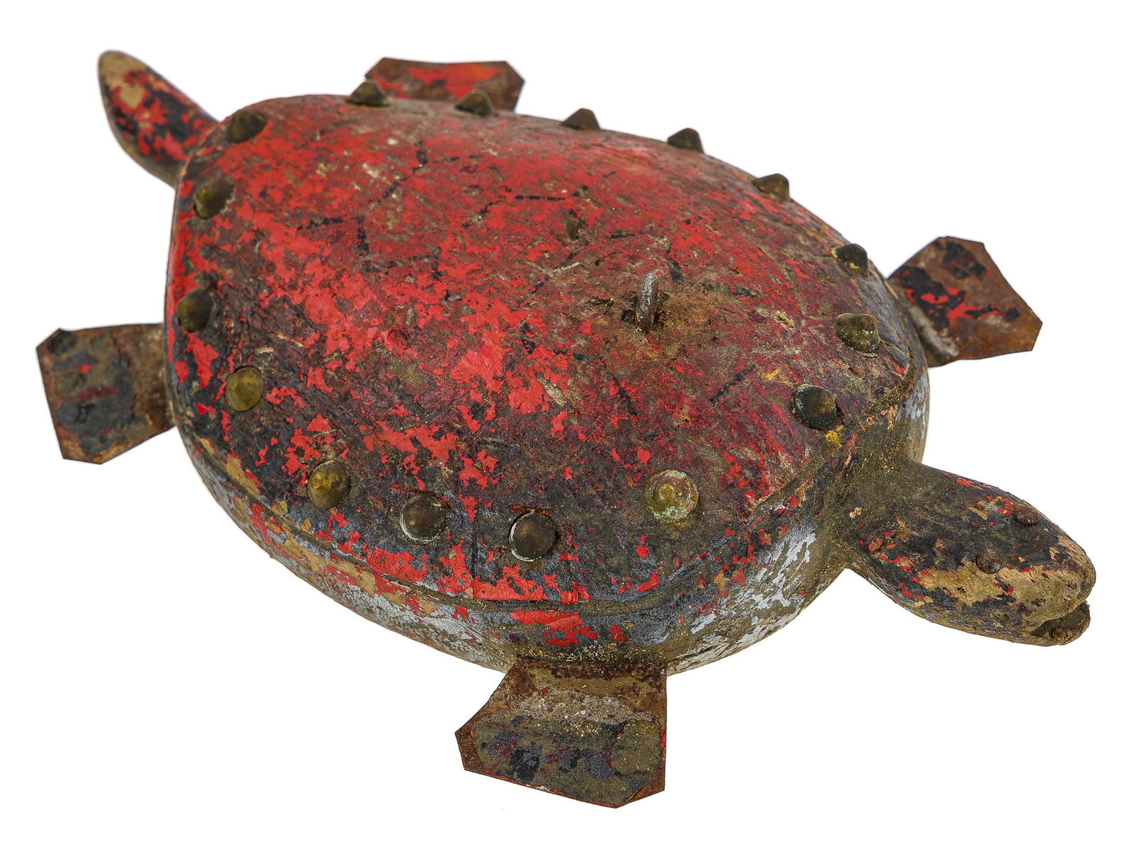 Early Turtle Fish Decoy: 19th or early 20th c turtle form fish decoy. Tin, wood, lead weight, & brass studs. Worn repainted surface. 7 1/2" long.