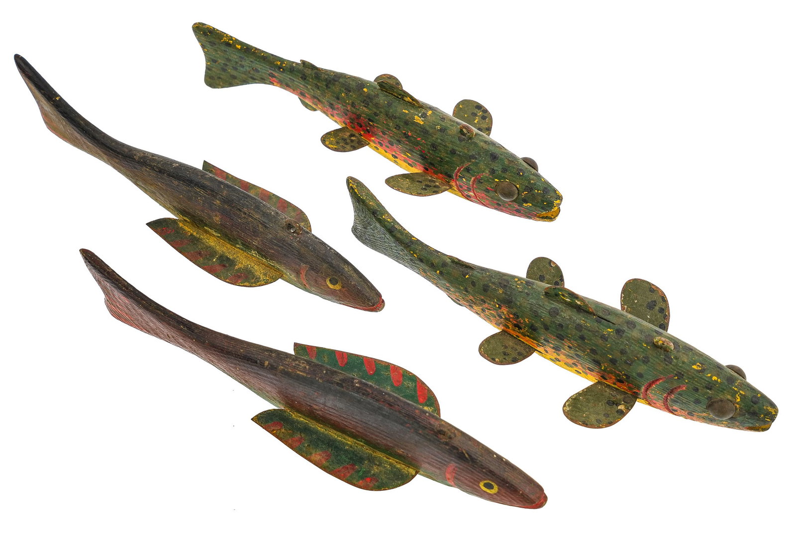 2 Pair Fish Decoys: 2 pairs of vintage 20th c fish decoys. Rainbow Trout and fish. 8" long. Good condition.