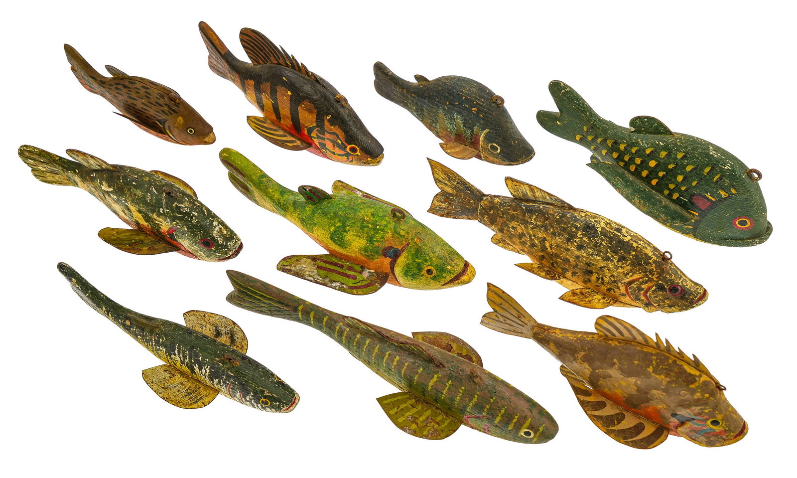 10 Sunfish Fish Decoys: A group of 10 early 20thc fish decoys. Panfish and sunfish. Original paint, good worn surfaces. 4" to 7".