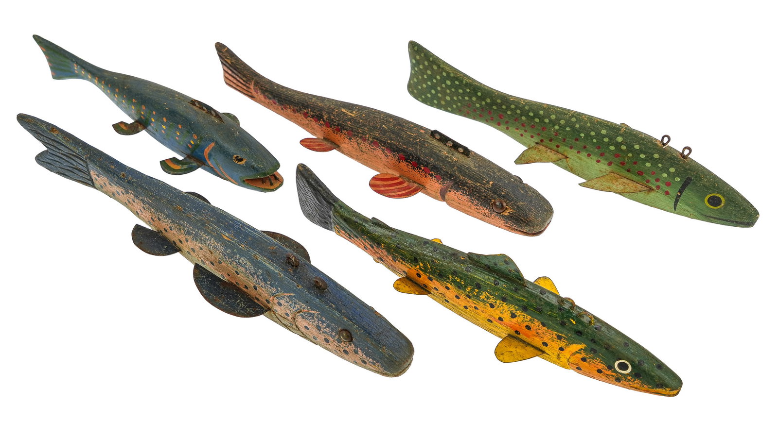5 Large Vintage Trout Fish Decoys: 5 vintage 20th c large trout fish decoys. One with teeth. 11" to 8 1/2". Good condition.